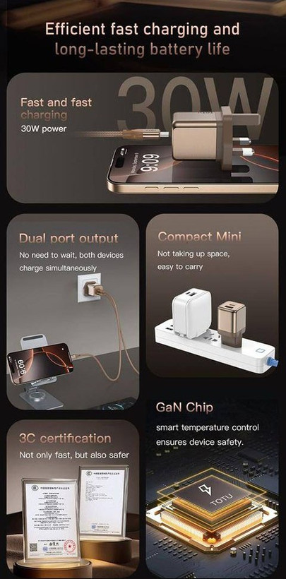 شارژر 30 وات + کابل Type-C برند توتو TOTU مدل HC-9-EU