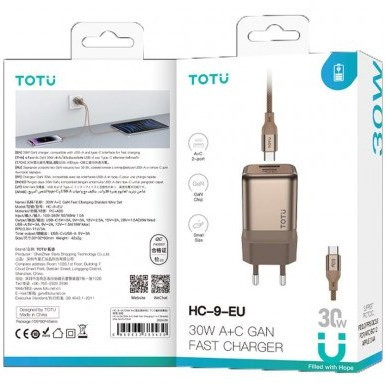 شارژر 30 وات + کابل Type-C برند توتو TOTU مدل HC-9-EU
